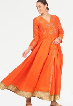 Golden Printed Art Silk Angrakha Style Kurta in Orange