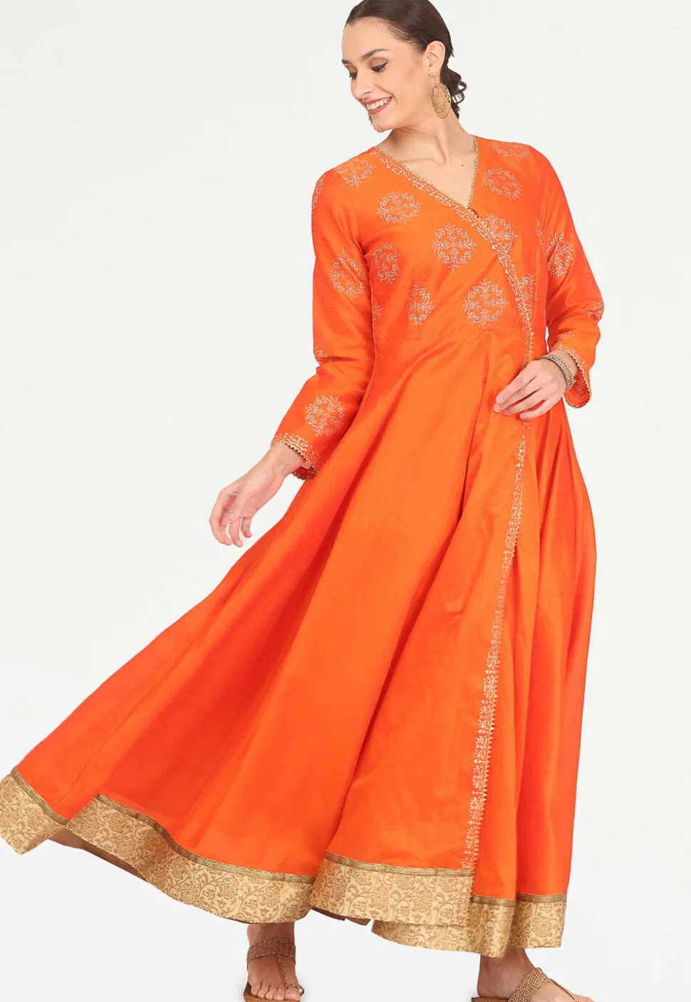 Golden Printed Art Silk Angrakha Style Kurta in Orange