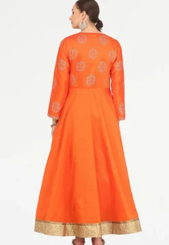 Golden Printed Art Silk Angrakha Style Kurta in Orange