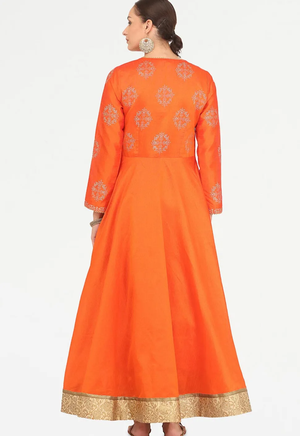 Golden Printed Art Silk Angrakha Style Kurta in Orange