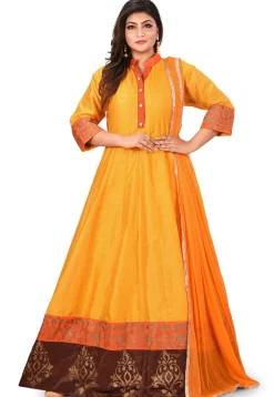 Golden Printed Art Silk Abaya Style Suit in Mustard