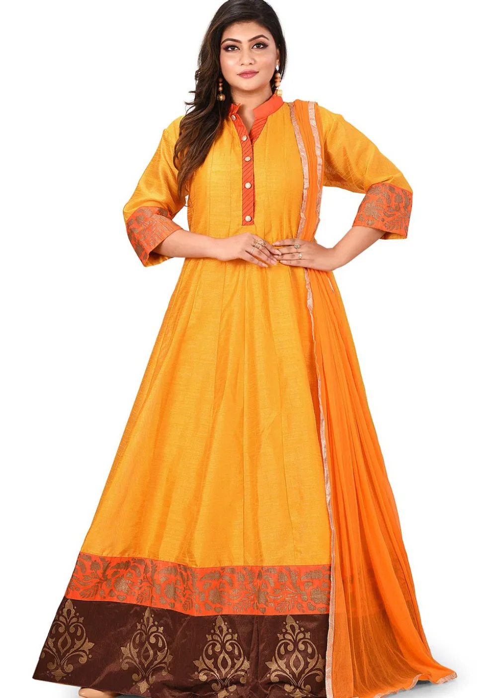 Golden Printed Art Silk Abaya Style Suit in Mustard