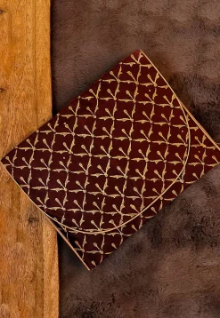 Golden Printed Art Silk Clutch Bag in Maroon