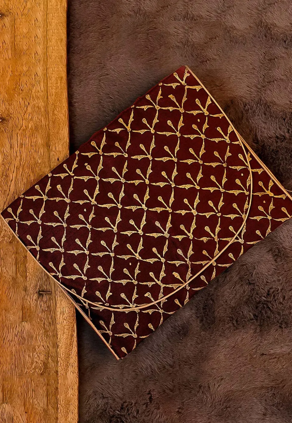 Golden Printed Art Silk Clutch Bag in Maroon