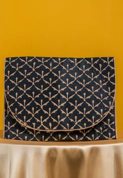 Golden Printed Art Silk Clutch Bag in Black