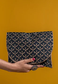 Golden Printed Art Silk Clutch Bag in Black