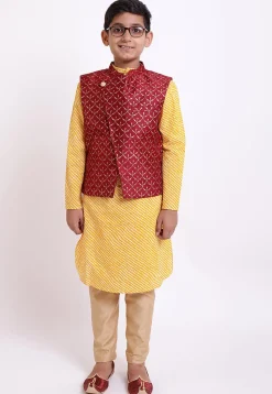 Golden Printed Art Silk Jacket in Maroon