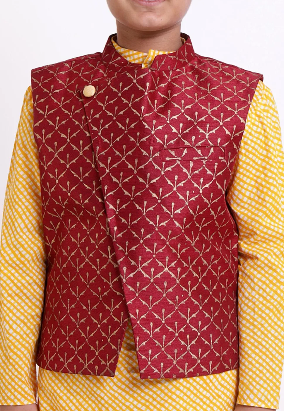 Golden Printed Art Silk Jacket in Maroon