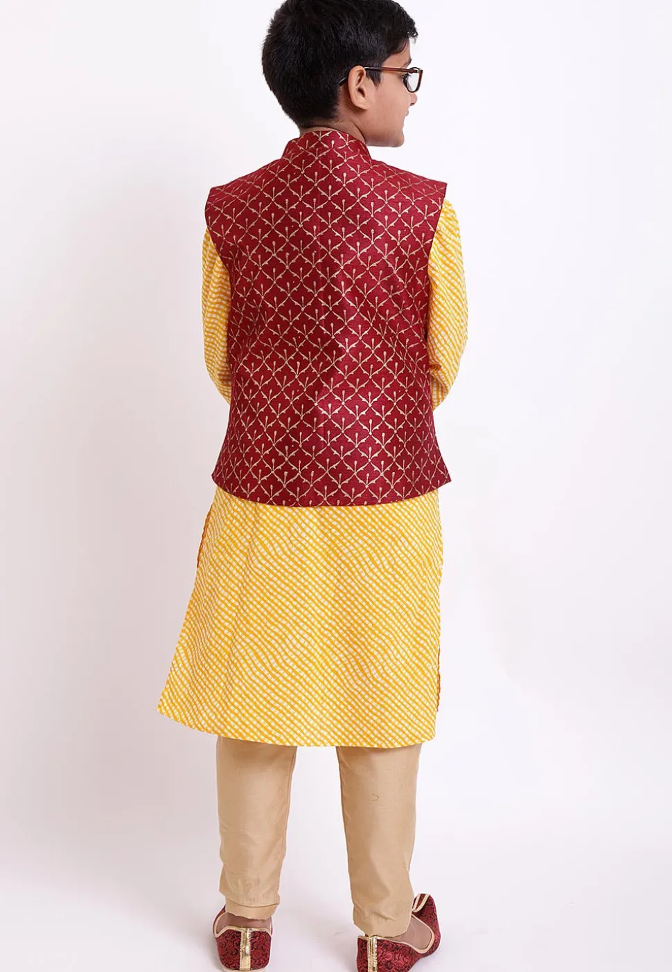 Golden Printed Art Silk Jacket in Maroon