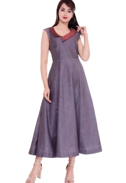 Golden Printed Collar Dupion Silk A Line Dress in Grey