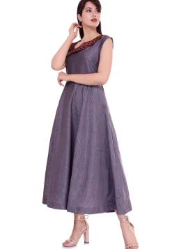 Golden Printed Collar Dupion Silk A Line Dress in Grey