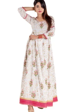 Golden Printed Cotton Flared Kurta in White