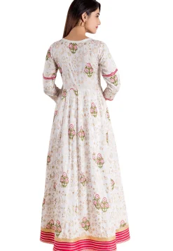 Golden Printed Cotton Flared Kurta in White