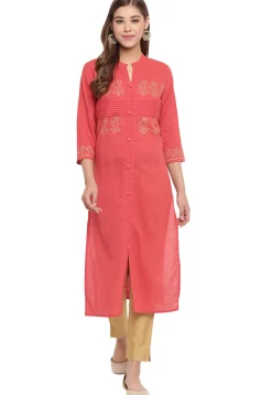 Golden Printed Cotton Front Slit Straight Kurta in Peach