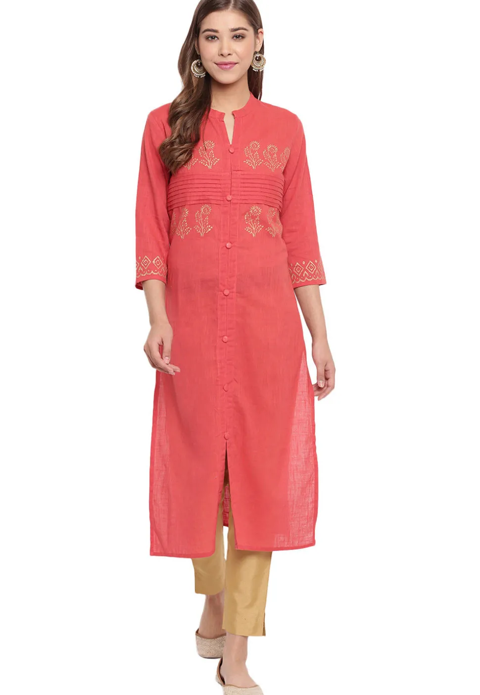 Golden Printed Cotton Front Slit Straight Kurta in Peach
