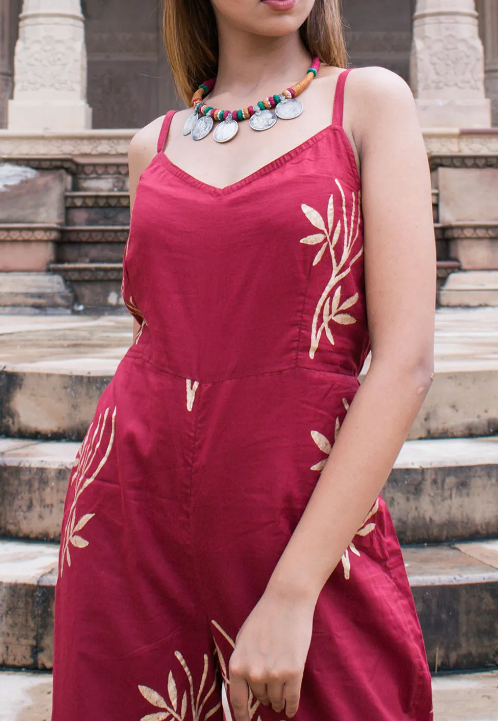 Golden Printed Cotton Jumpsuit in Maroon