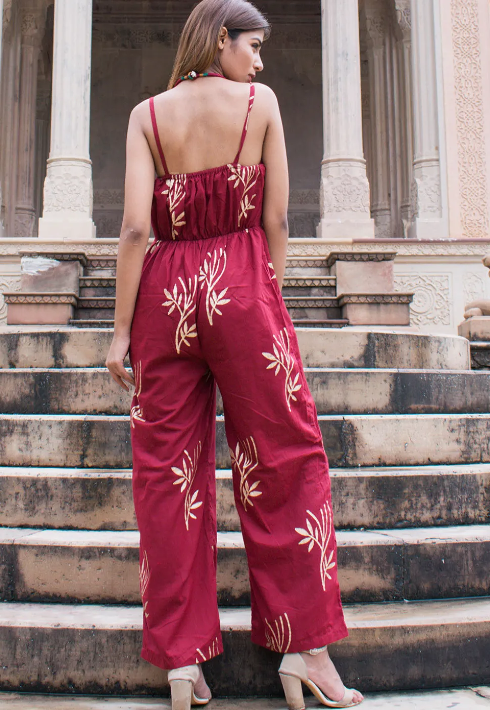 Golden Printed Cotton Jumpsuit in Maroon
