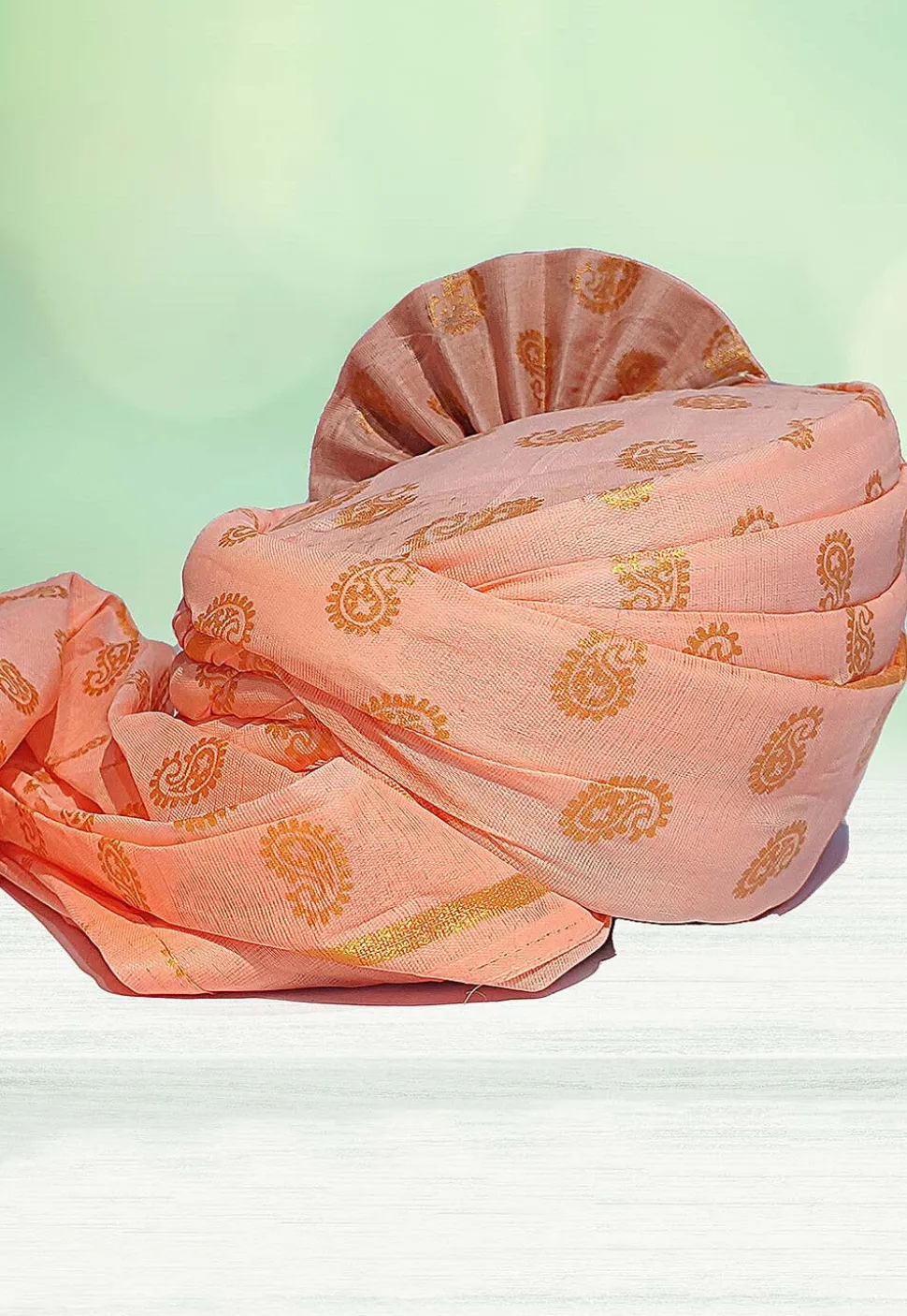 Golden Printed Cotton Kids Turban in Peach Pink