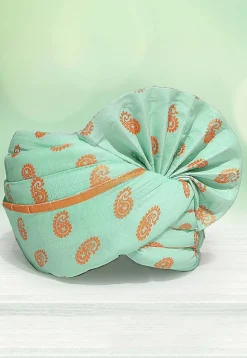 Golden Printed Cotton Kids Turban in SEA GREEN