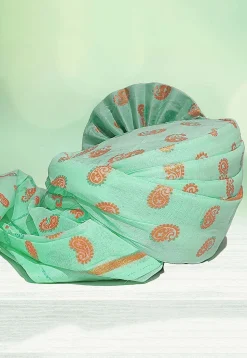 Golden Printed Cotton Kids Turban in SEA GREEN
