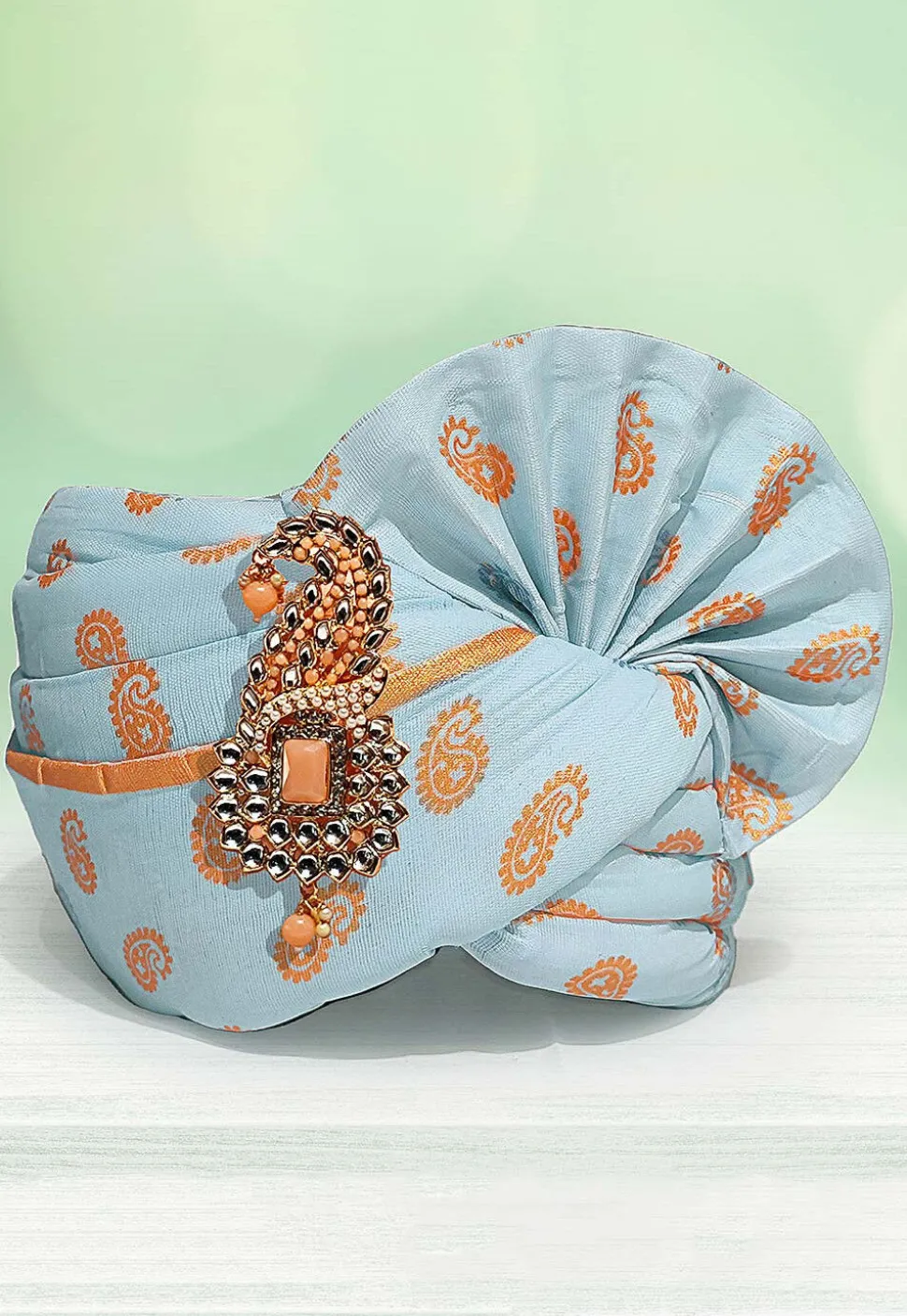 Golden Printed Cotton Kids Turban in Sky Blue