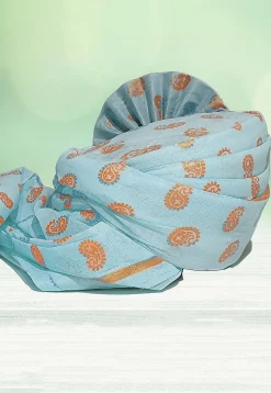 Golden Printed Cotton Kids Turban in Sky Blue
