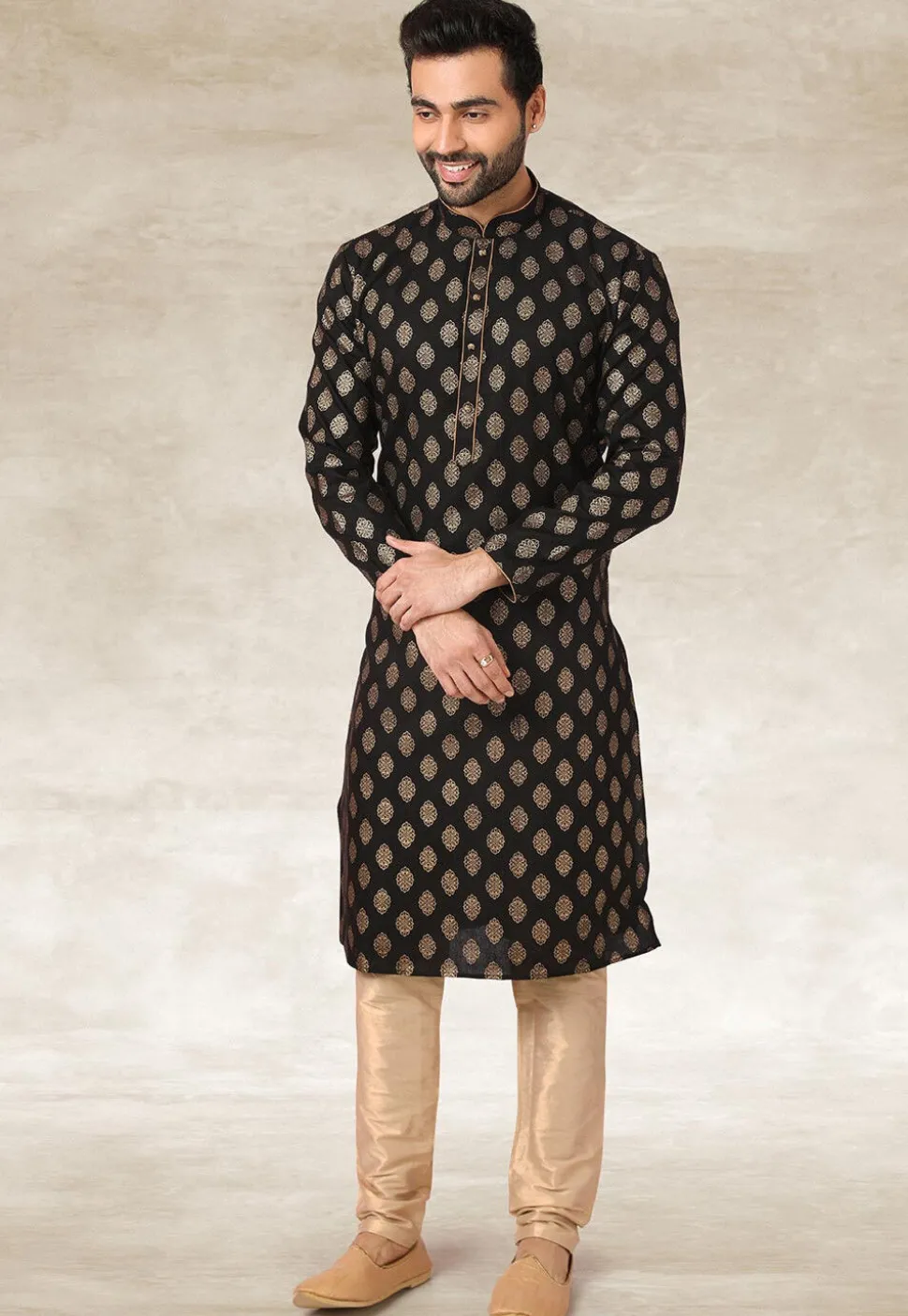 Golden Printed Cotton Kurta in Black