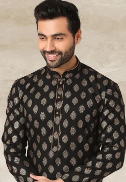 Golden Printed Cotton Kurta in Black