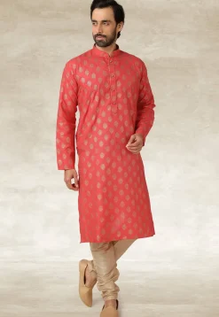 Golden Printed Cotton Kurta Set in Dark Peach