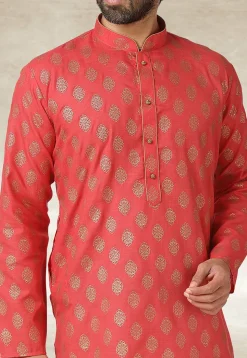 Golden Printed Cotton Kurta Set in Dark Peach