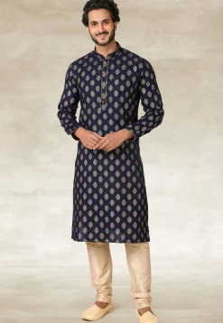 Golden Printed Cotton Kurta Set in Navy Blue