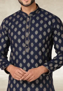 Golden Printed Cotton Kurta Set in Navy Blue