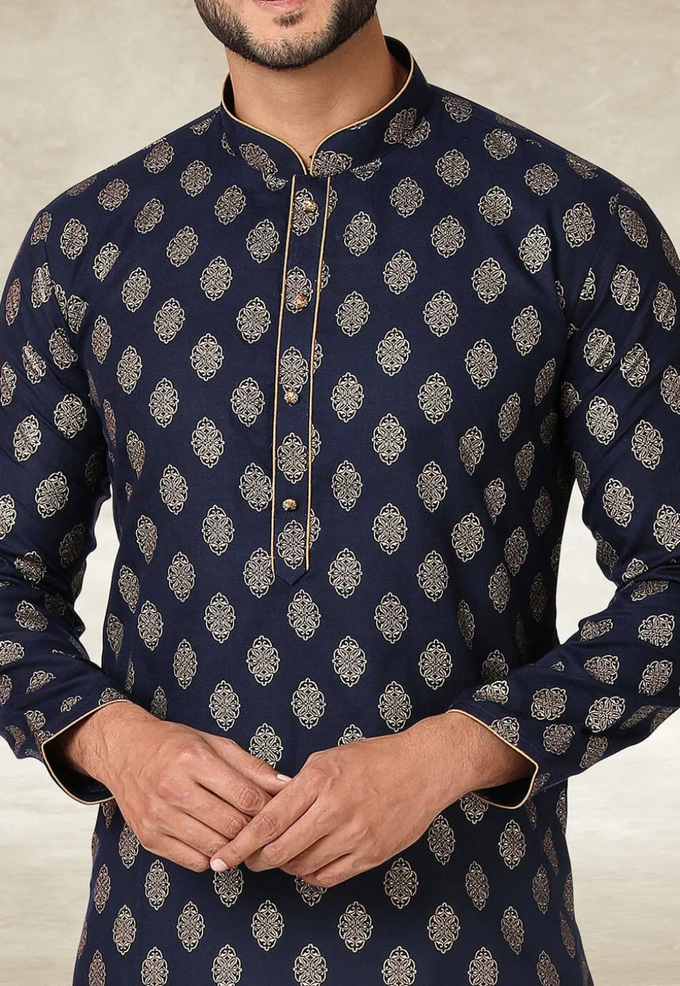 Golden Printed Cotton Kurta Set in Navy Blue
