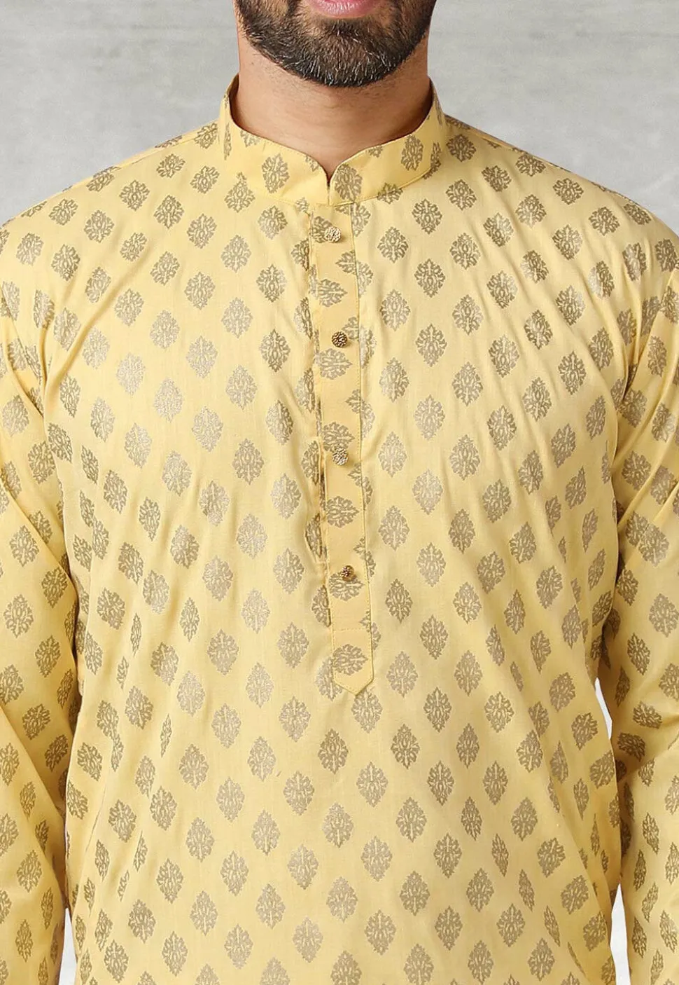 Golden Printed Cotton Kurta Set in Yellow