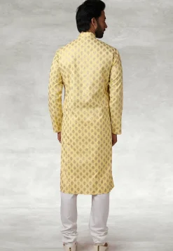 Golden Printed Cotton Kurta Set in Yellow