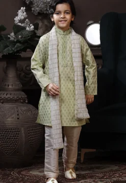 Golden Printed Cotton Kurta Set in Pastel Green