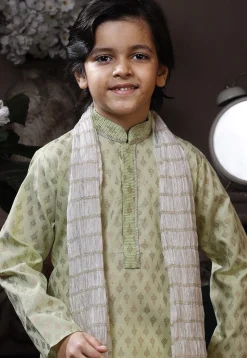 Golden Printed Cotton Kurta Set in Pastel Green