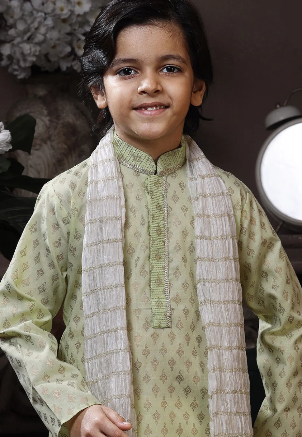 Golden Printed Cotton Kurta Set in Pastel Green