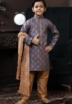 Golden Printed Cotton Kurta Set in Grey