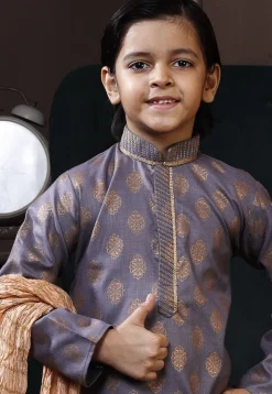 Golden Printed Cotton Kurta Set in Grey
