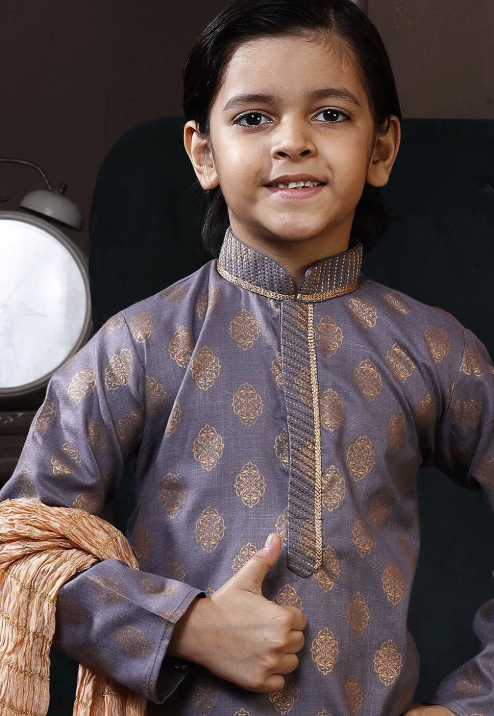 Golden Printed Cotton Kurta Set in Grey