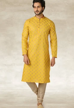 Golden Printed Cotton Kurta Set in Yellow