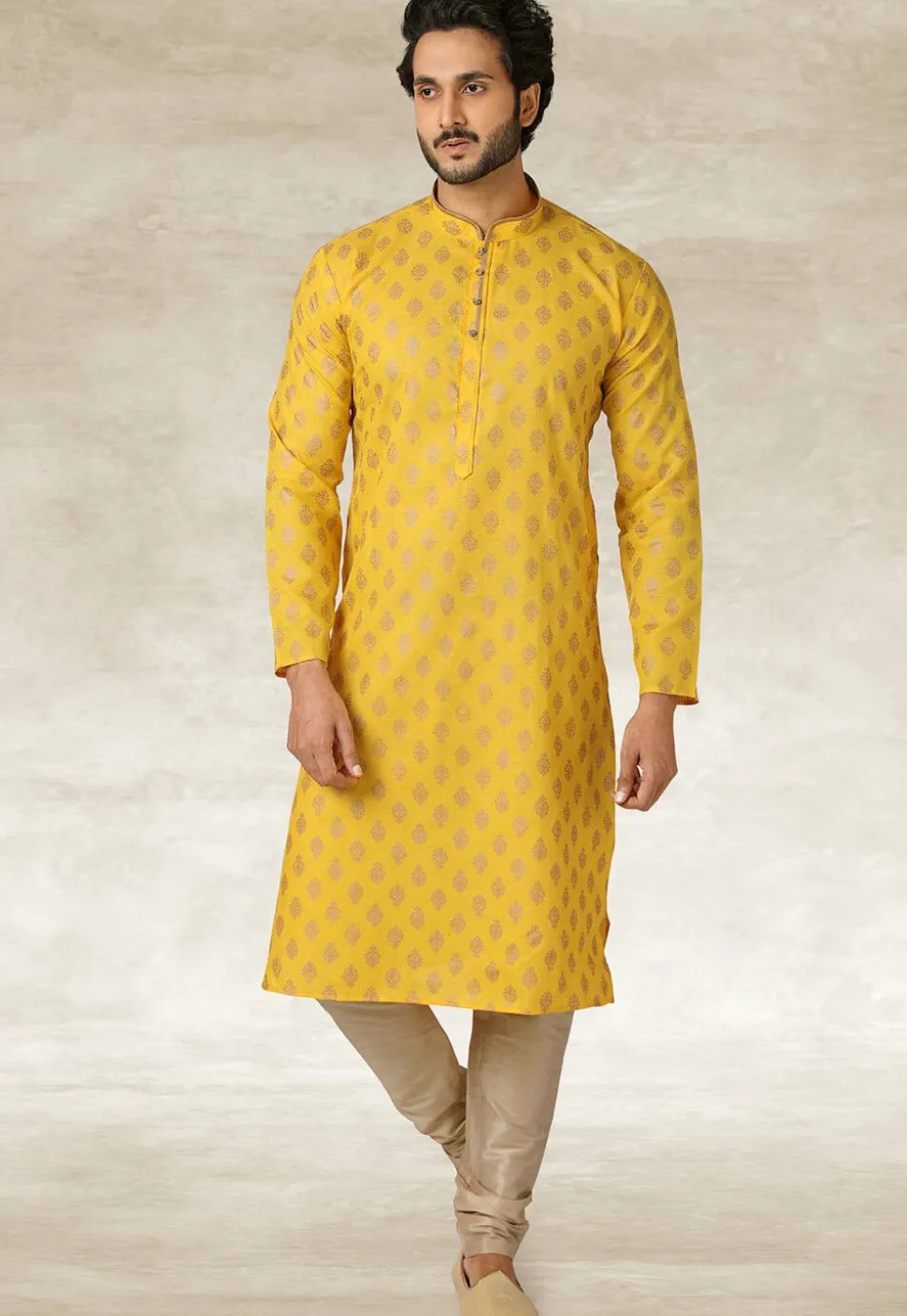 Golden Printed Cotton Kurta Set in Yellow