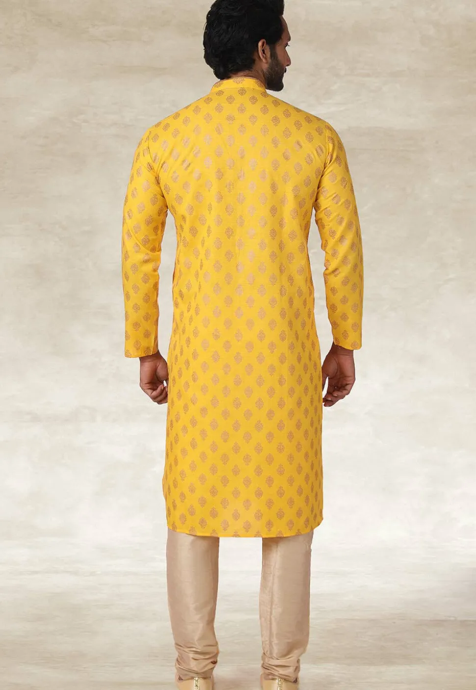 Golden Printed Cotton Kurta Set in Yellow