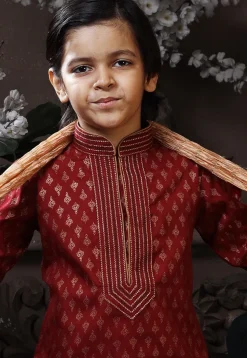 Golden Printed Cotton Kurta Set in Maroon