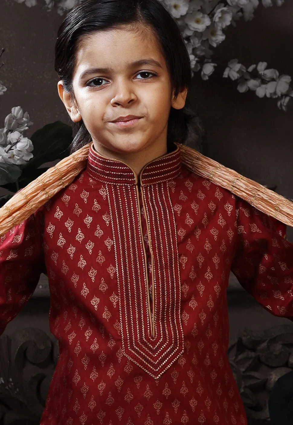 Golden Printed Cotton Kurta Set in Maroon