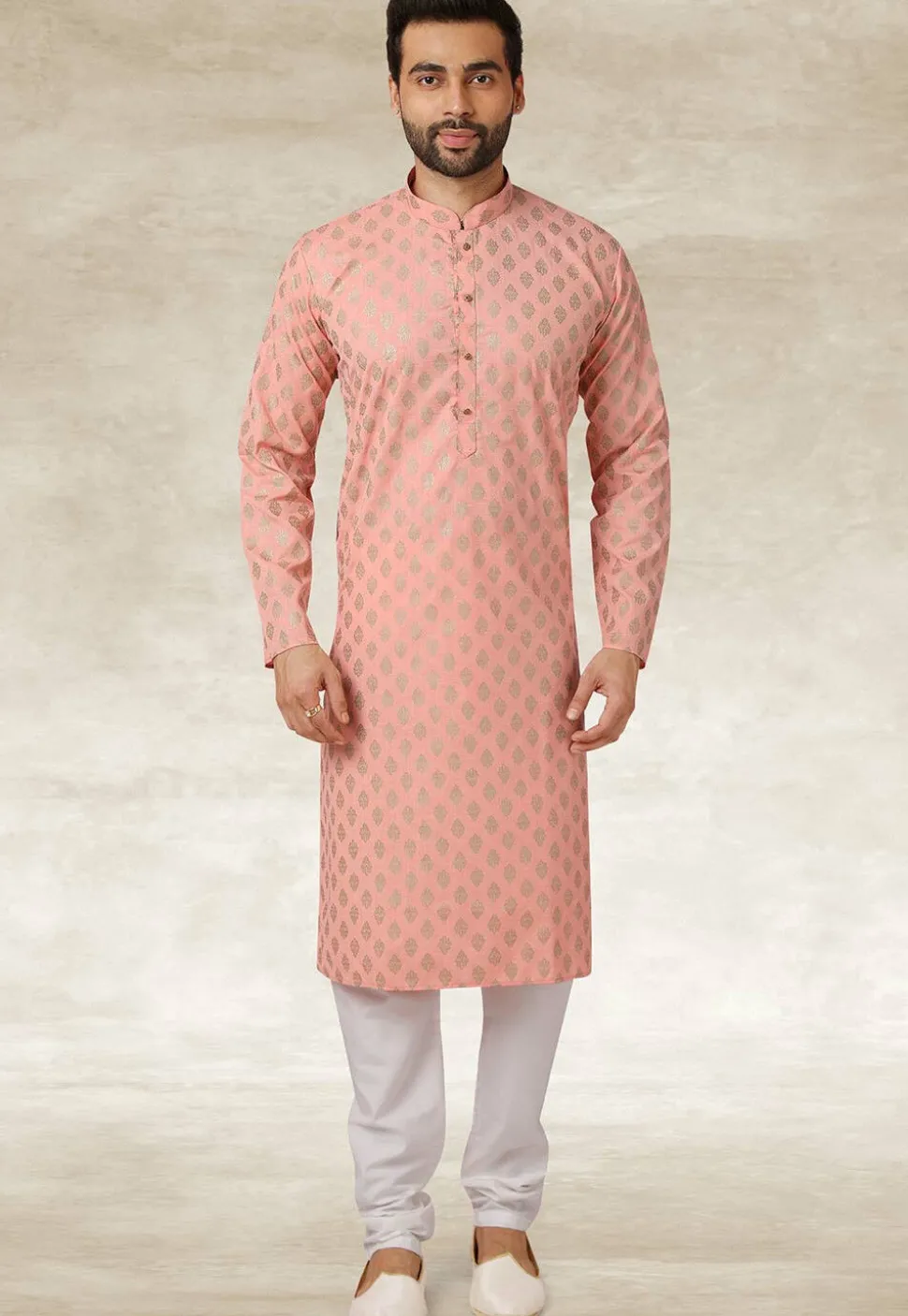 Golden Printed Cotton Kurta Set in Peach