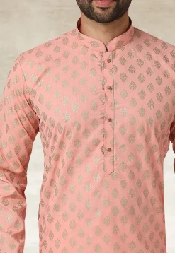 Golden Printed Cotton Kurta Set in Peach