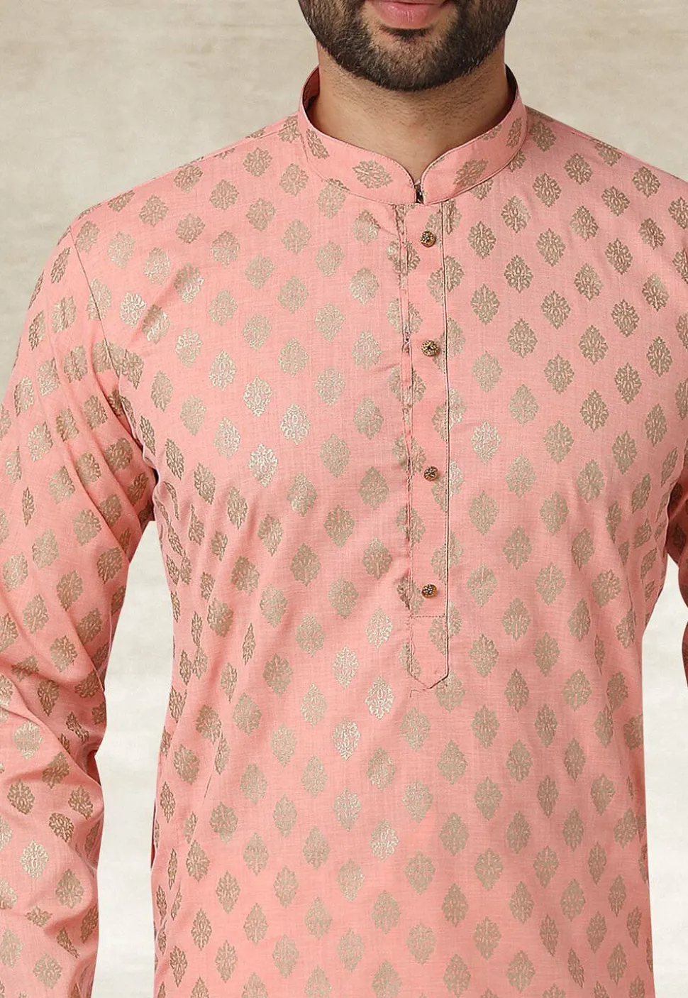 Golden Printed Cotton Kurta Set in Peach