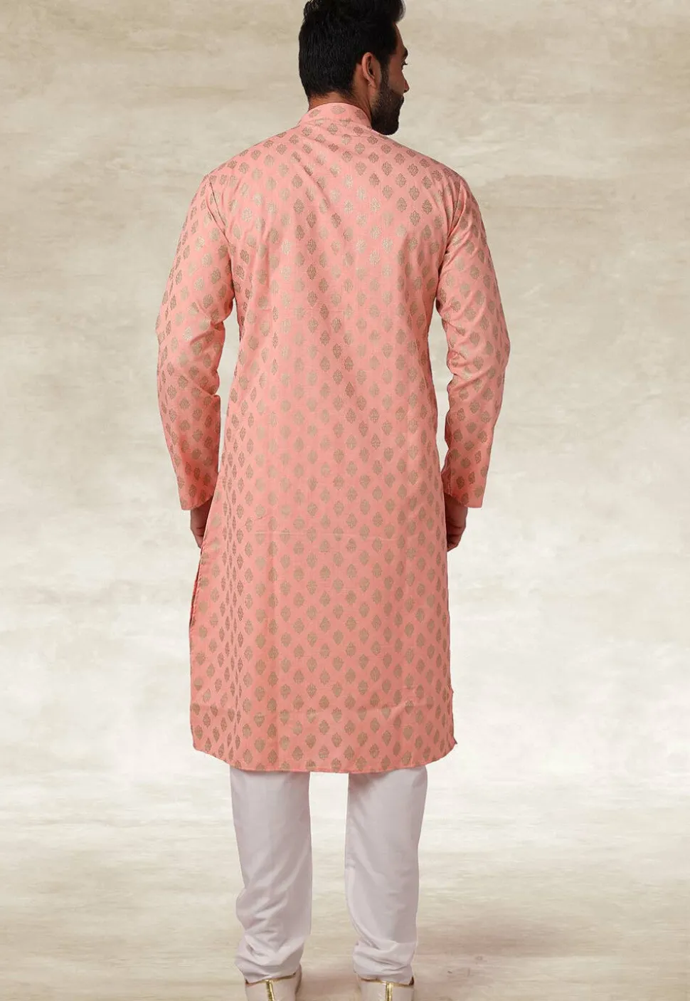Golden Printed Cotton Kurta Set in Peach